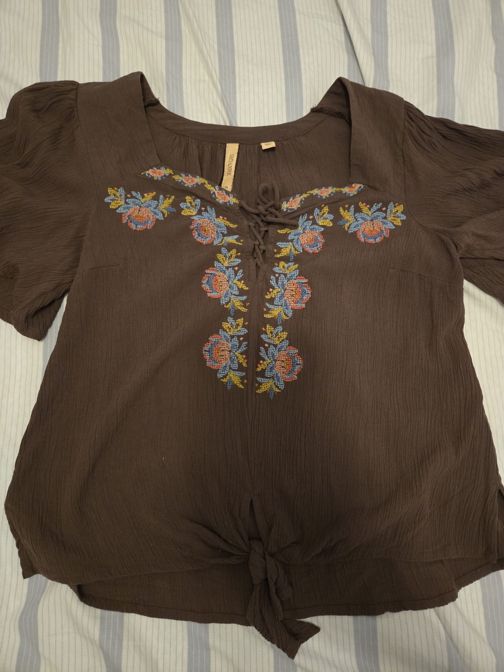 Shyanne Brown Embroidered Tie-Front Blouse with Blue and Pink Flowers